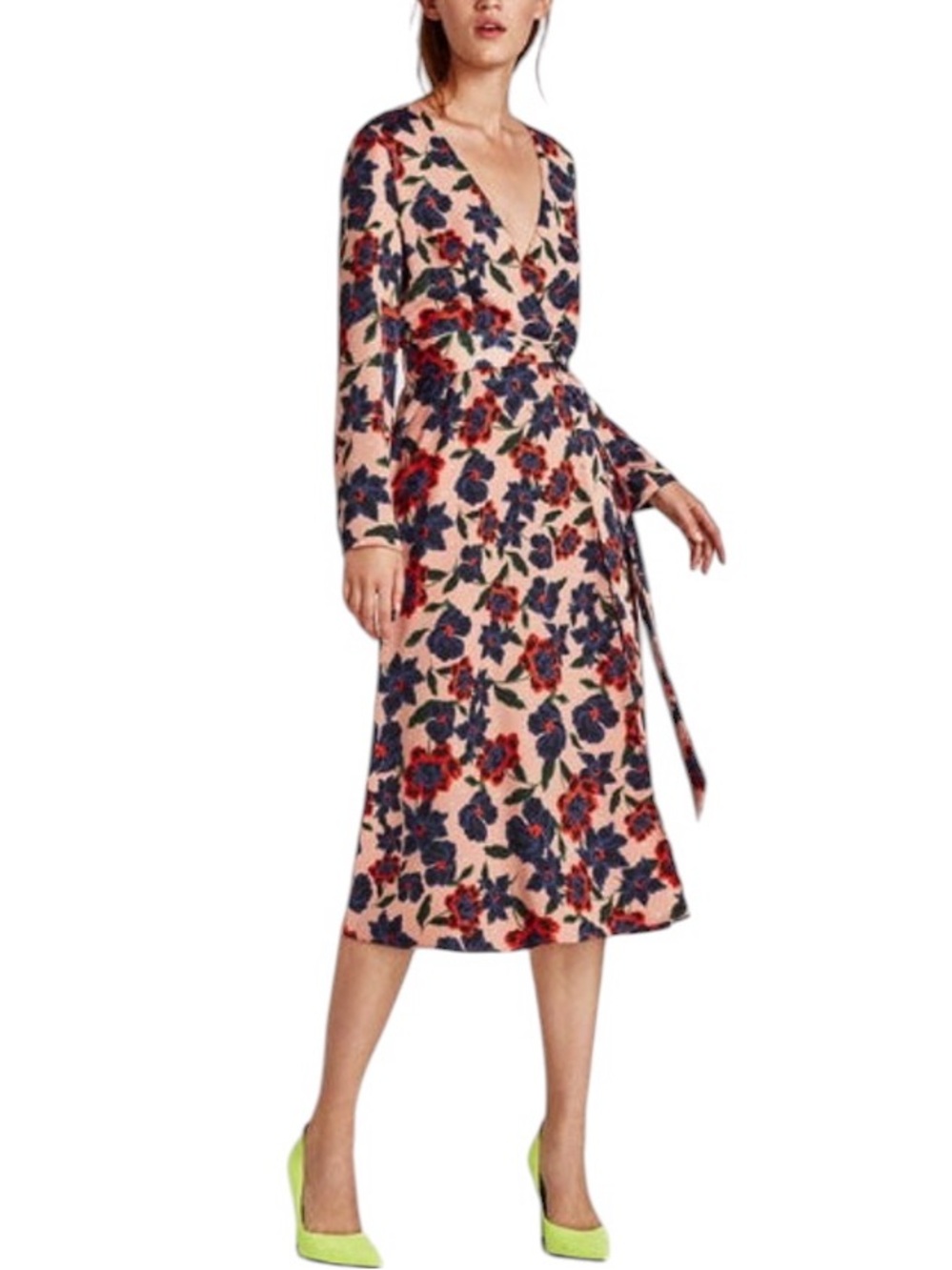 Zara Blush Pink Floral Print Satin Effect A-Line Wrap Midi Dress - M
